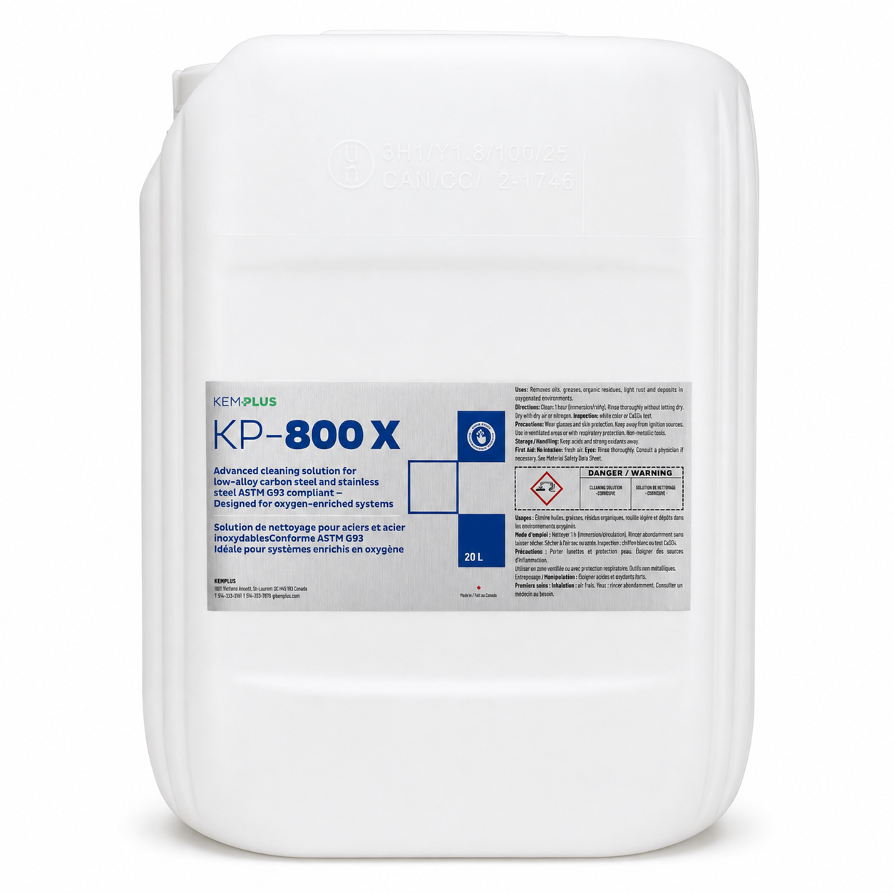 Kemplus KP-800X ASTM G93-compliant cleaner in a 20 L jerrycan for oxygen-enriched systems and stainless steel piping.