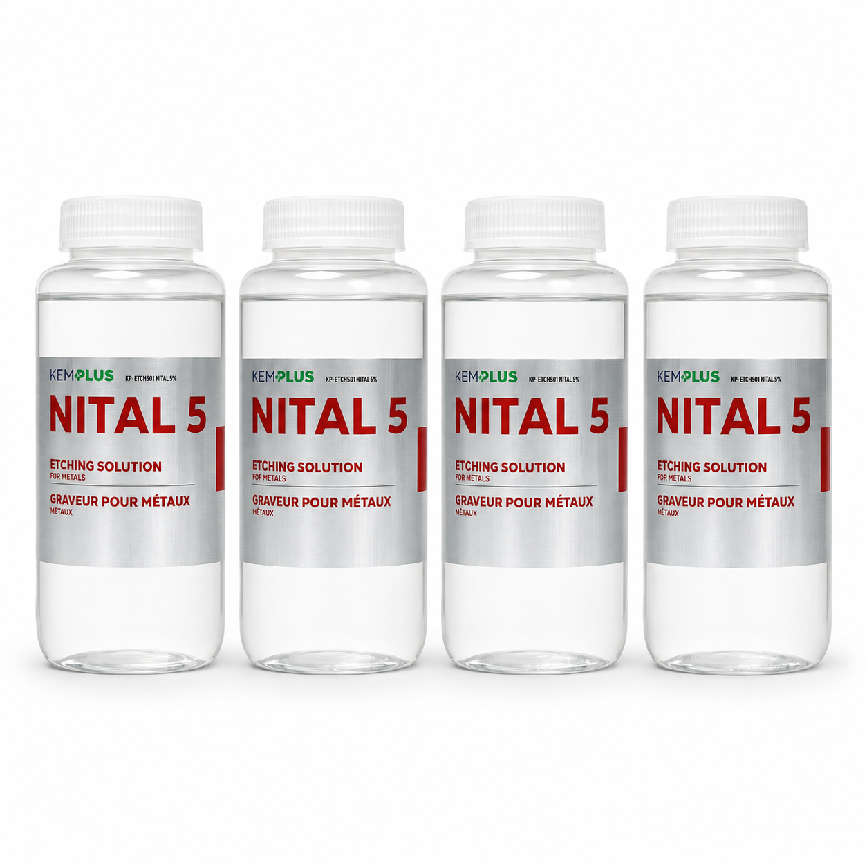 Kemplus NITAL 5  % metallographic etching solution bottles for microstructural analysis of steels and ferrous metals.