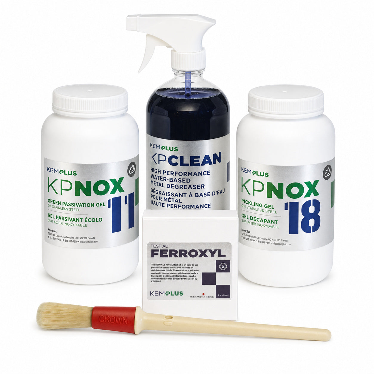Kemplus eco-friendly stainless steel passivation kit with KPNOX 11, KPNOX 18, KPCLEAN, Ferroxyl test box and application brush.